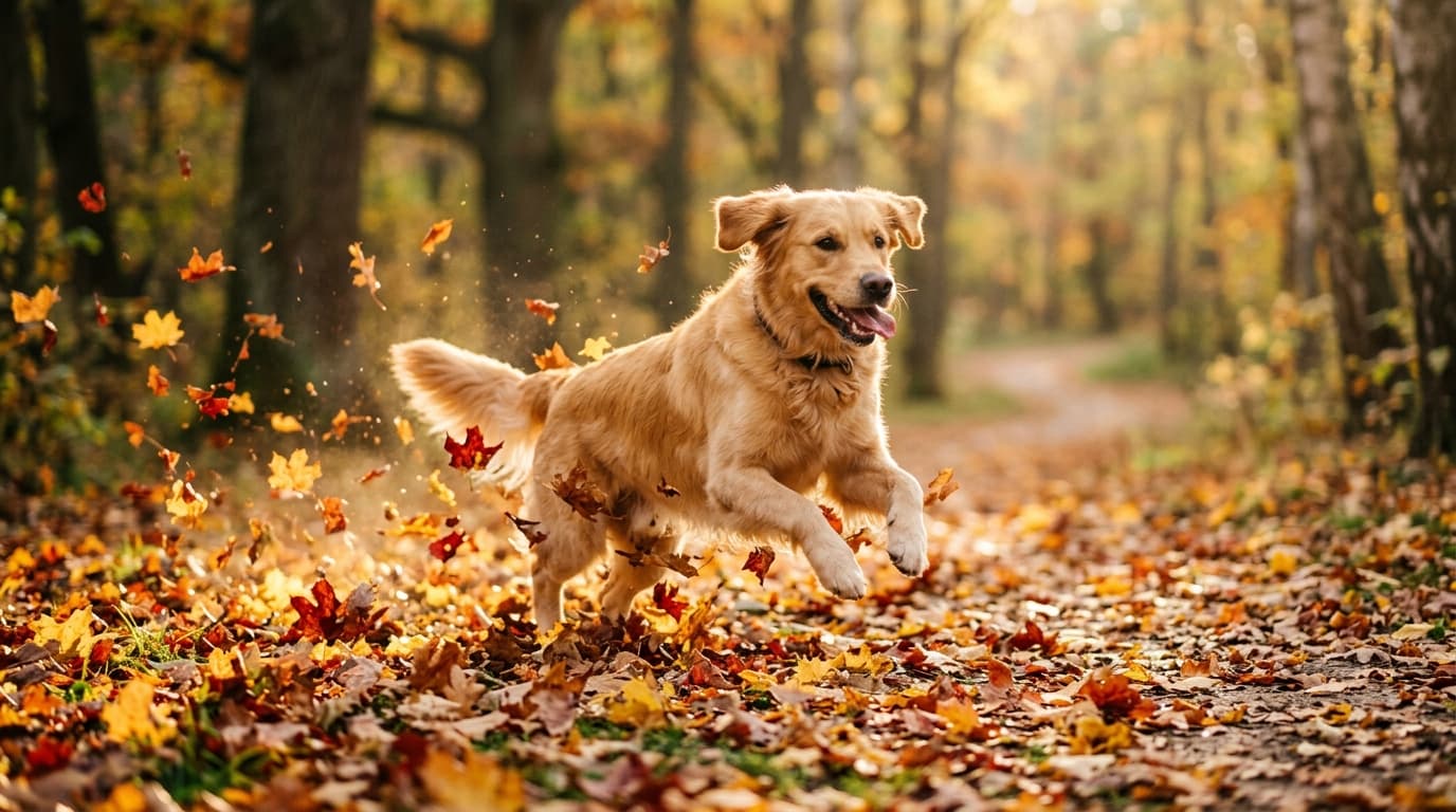 A golden retriever running through autumn leaves in a sunlit park, cinematic slow motion, warm color grading, shallow depth of field, photorealistic