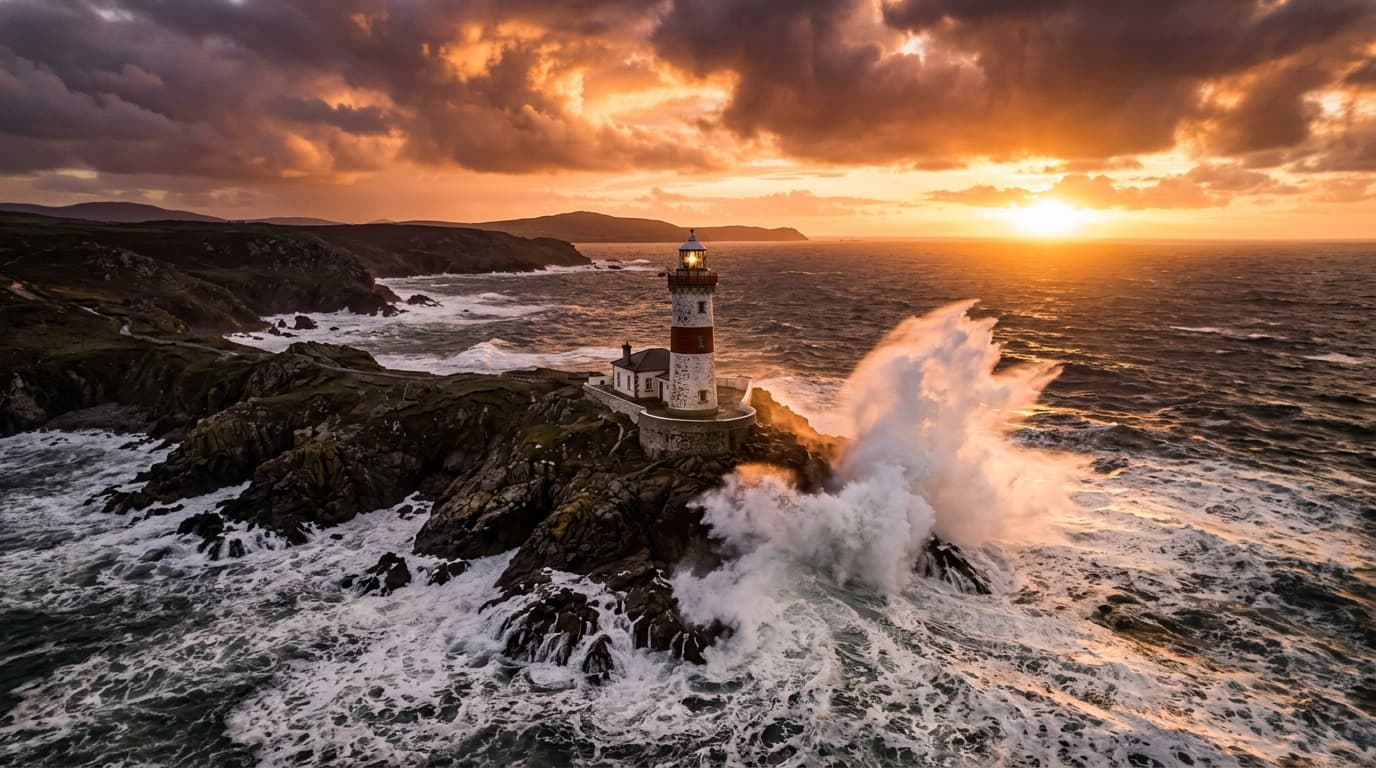 Ocean waves crashing against a lighthouse at sunset, aerial drone shot, golden hour lighting, 4K cinematic quality, dramatic sky
