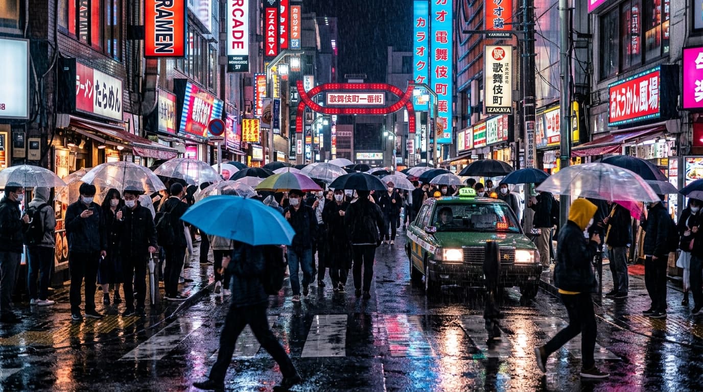 A bustling Tokyo street at night, neon reflections on wet pavement, handheld camera movement, cyberpunk atmosphere, rain