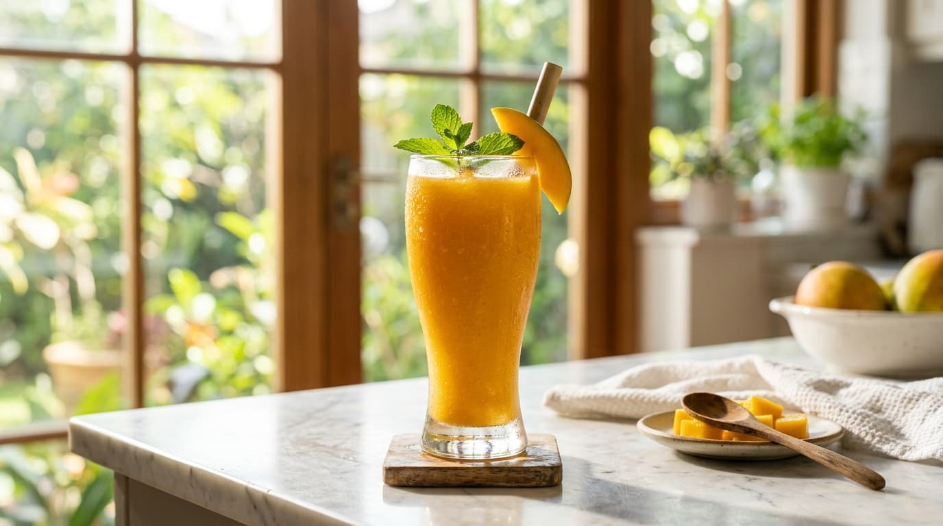 A glass of fresh mango juice on a marble countertop, soft morning light streaming through windows, photorealistic food photography, condensation on glass
