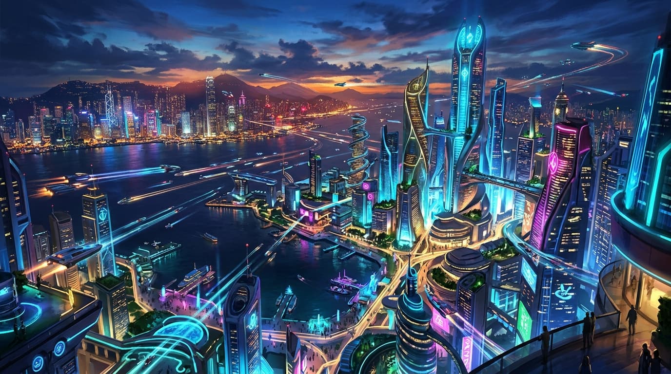Futuristic cityscape at dusk, bioluminescent buildings, flying vehicles, ultra-wide angle, concept art style, vibrant colors