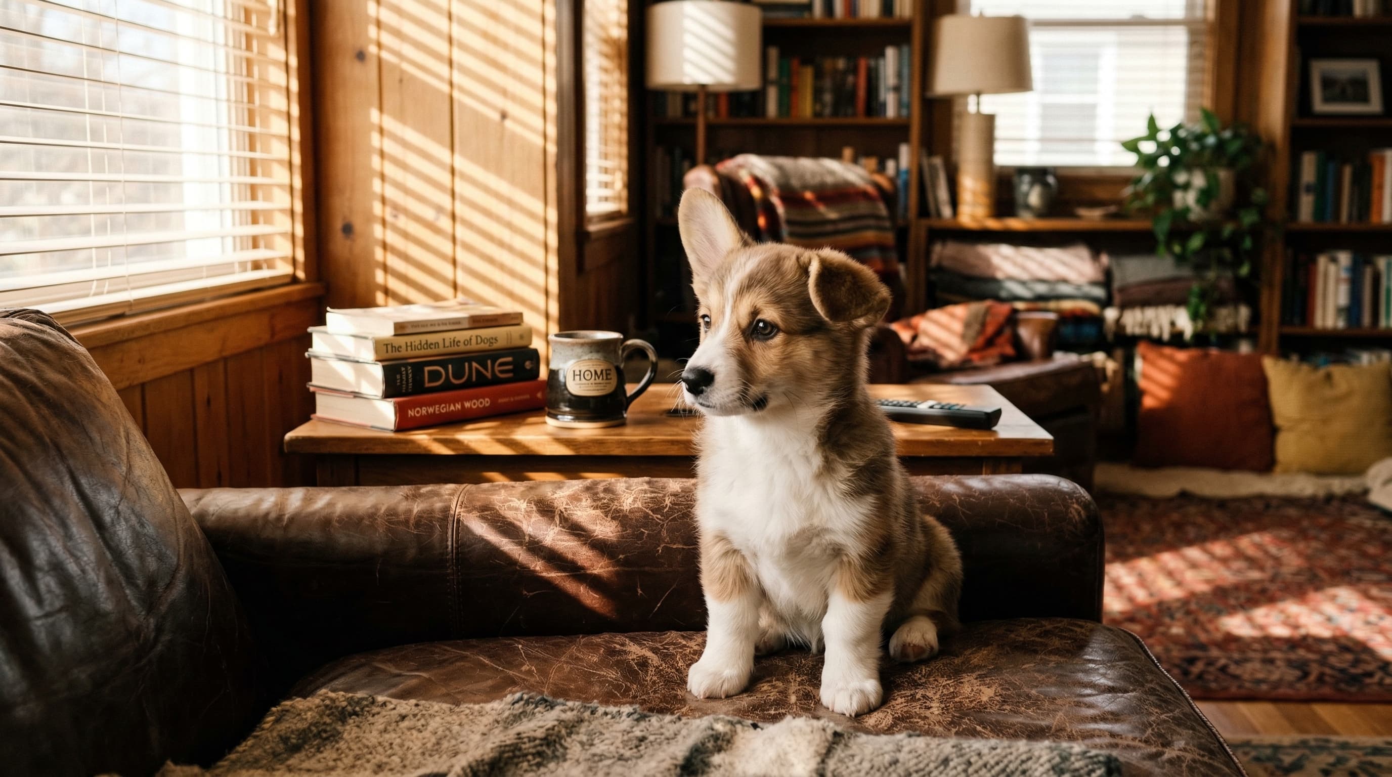 A corgi puppy sitting on a worn leather couch, afternoon sunlight through venetian blinds, shot on Fujifilm X-T4 with 56mm f/1.2, shallow depth of field, natural warm tones, candid moment