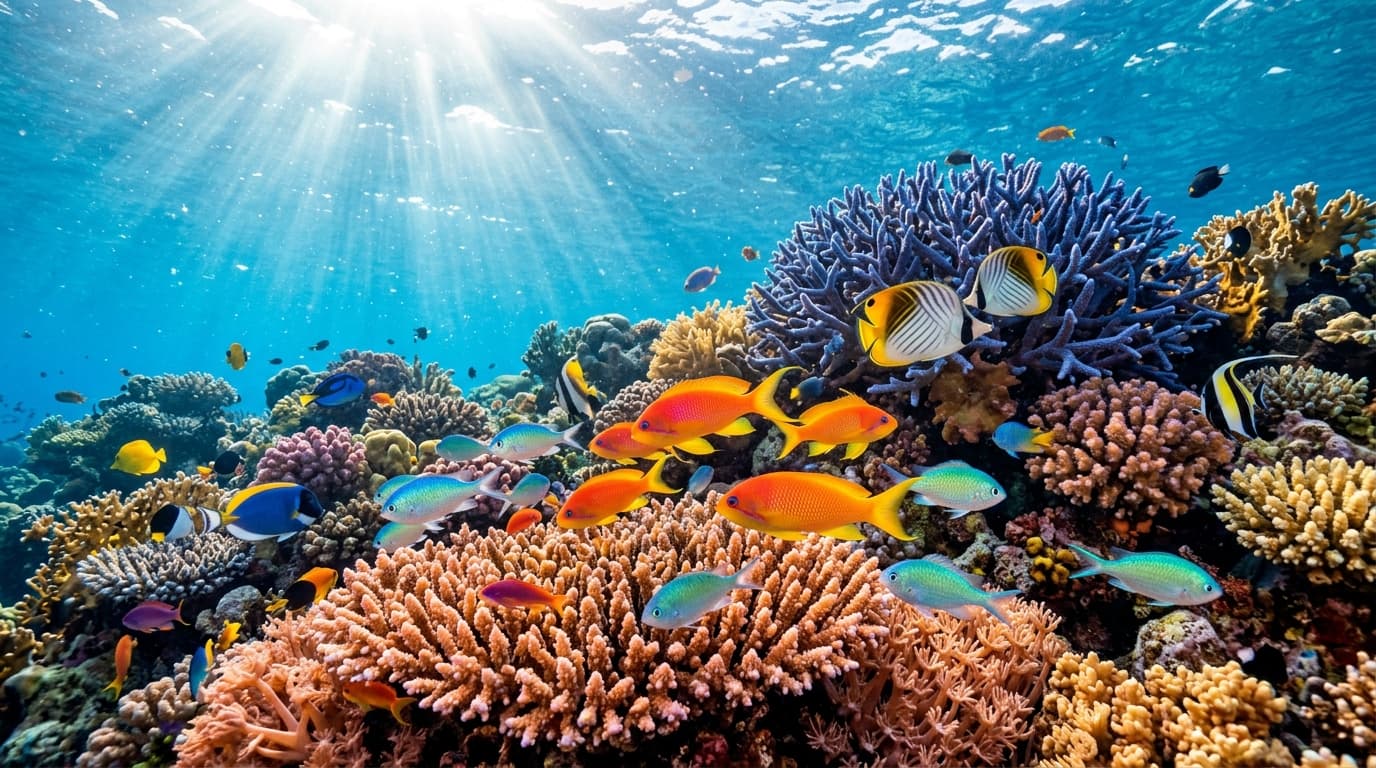 Underwater coral reef teeming with tropical fish, sunlight rays penetrating crystal clear water, macro photography, vibrant blues and oranges