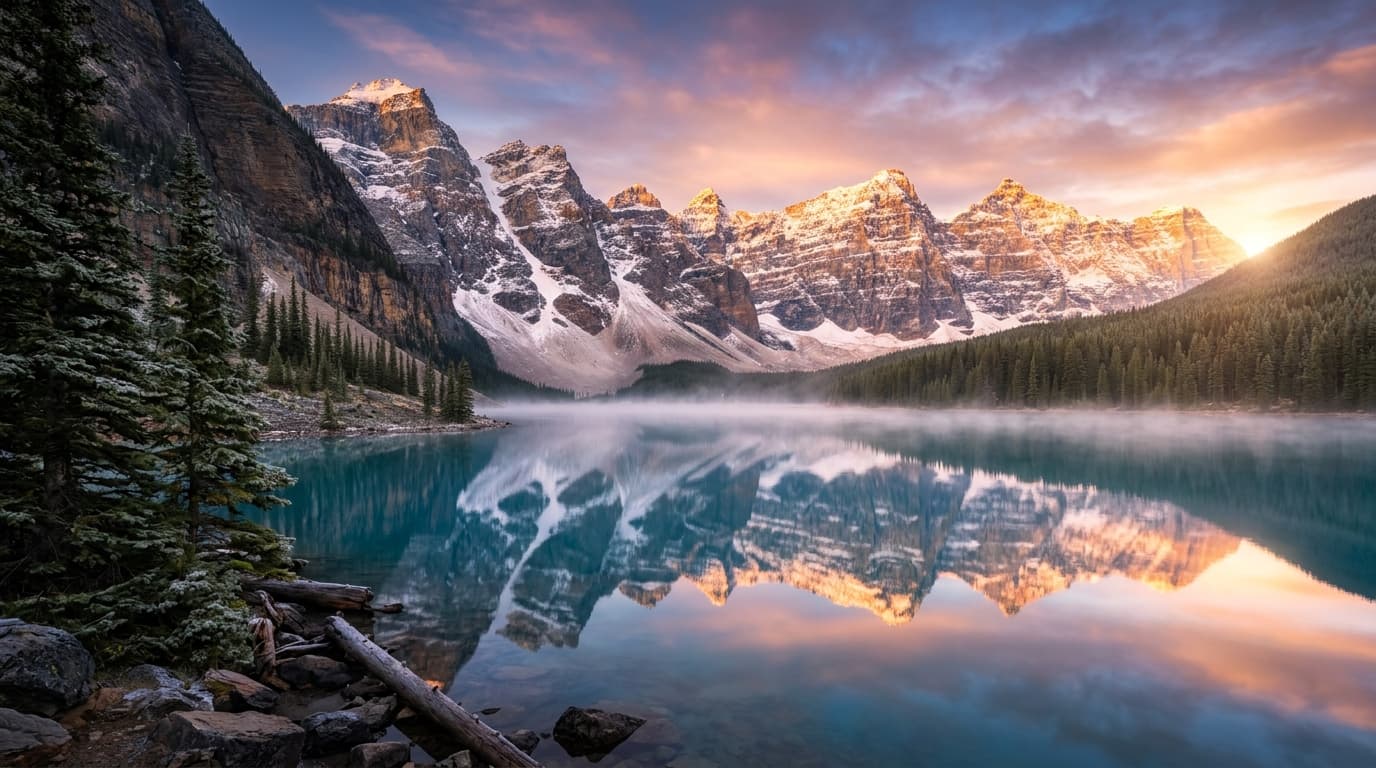 A serene mountain lake at sunrise, mist rolling over still water, snow-capped peaks reflected perfectly, landscape photography, ultra sharp