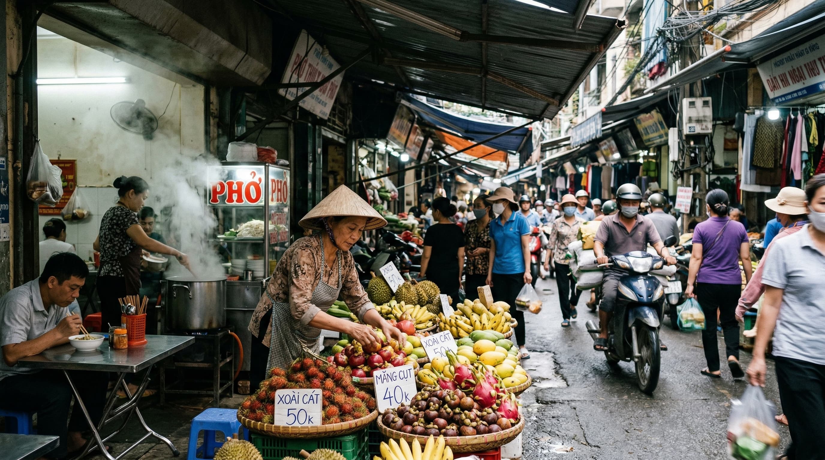 A busy morning street market in Southeast Asia, vendor arranging tropical fruits, morning haze and steam from a noodle stall, candid street photography, shot on Ricoh GR III, natural overcast light