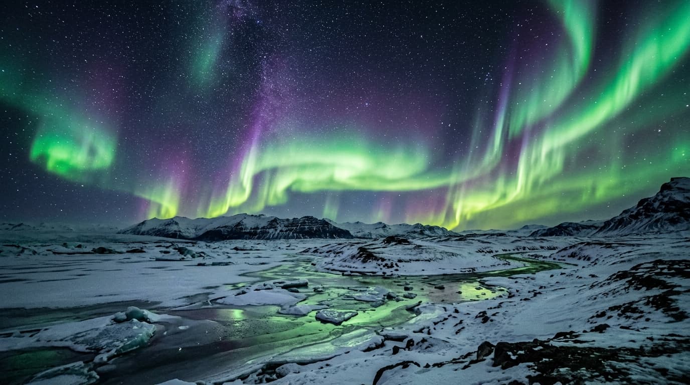 Northern lights dancing over a frozen Icelandic landscape, aurora borealis in green and purple, long exposure photography, stars visible
