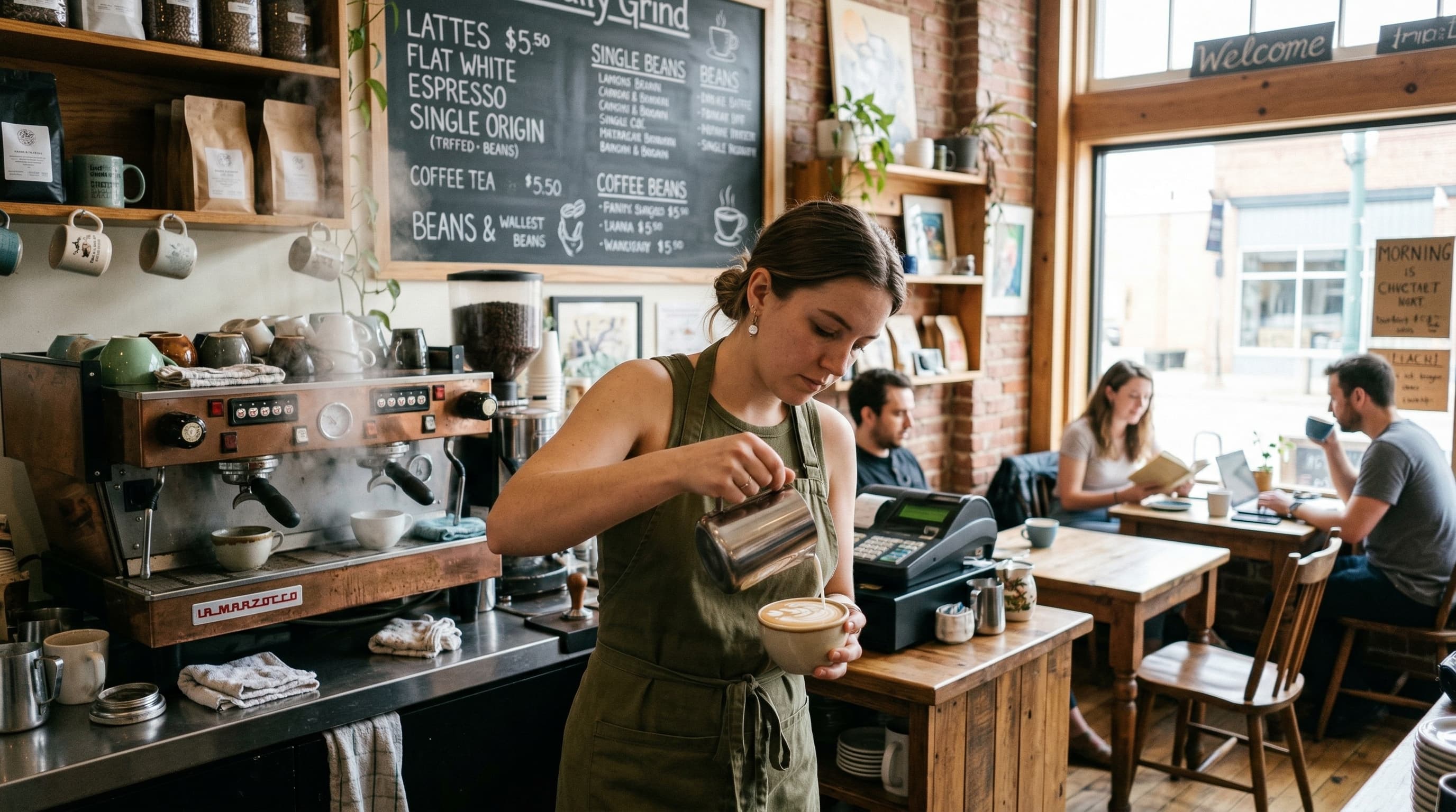 Interior of a small independent coffee shop, barista pouring latte art, morning window light, shot on Sony A7III with 35mm f/1.8, natural colors, candid atmosphere