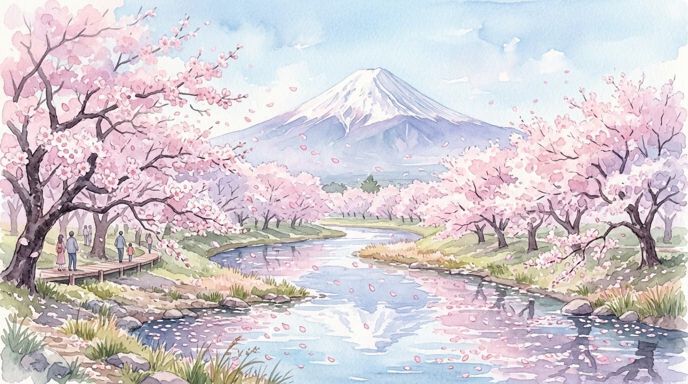 Japanese cherry blossom trees along a river, petals floating in the breeze, Mt Fuji in the background, soft pink and blue tones, watercolor painting style