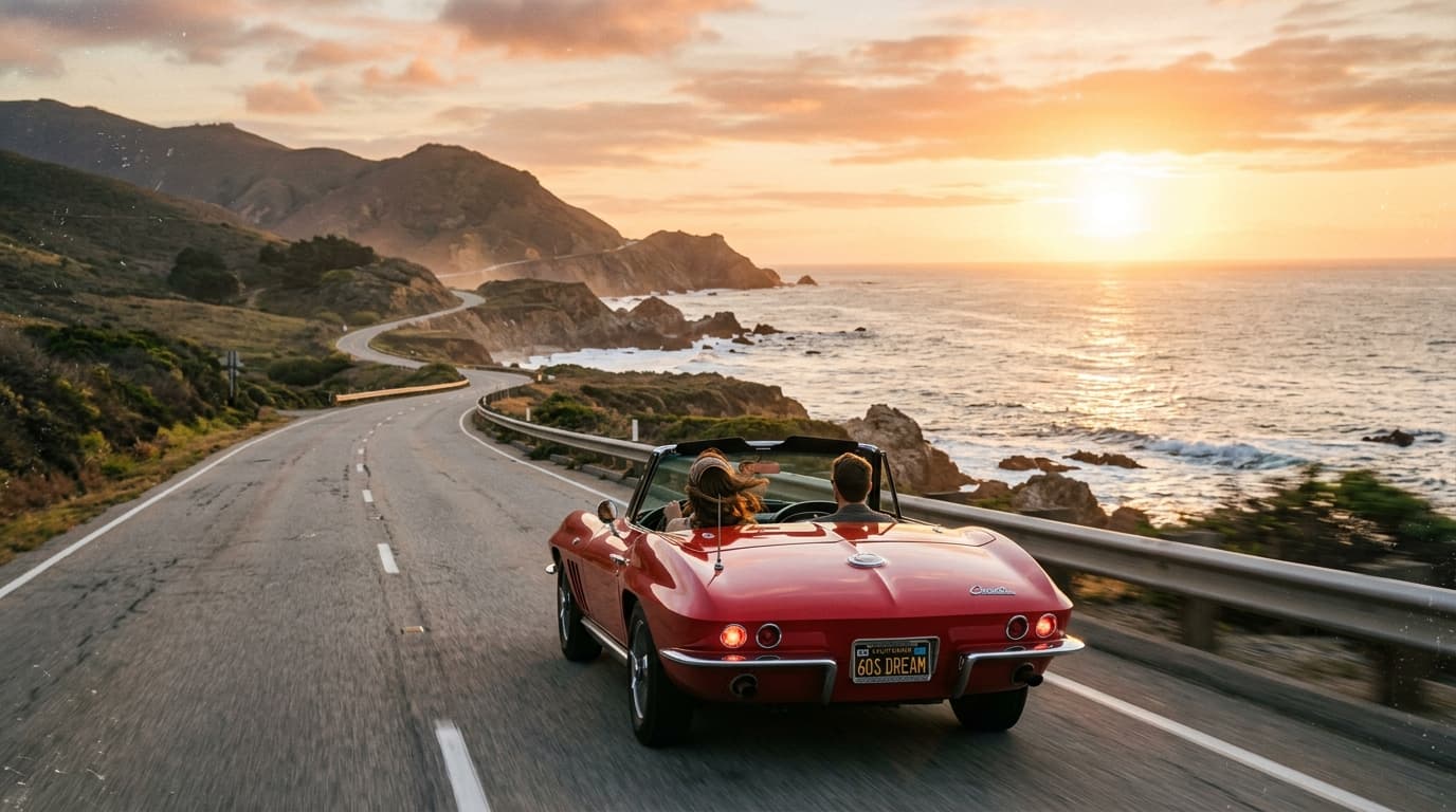 A vintage 1960s red convertible driving along a coastal highway, Pacific ocean view, golden hour, shot from behind, retro film grain aesthetic