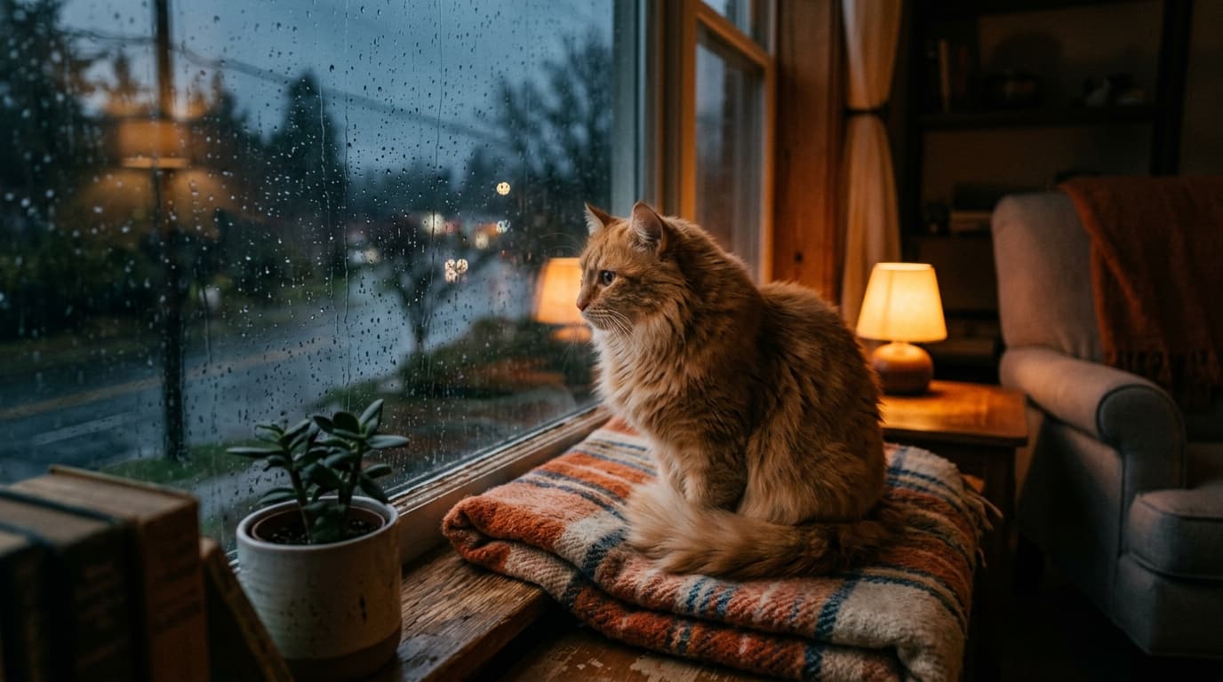 A fluffy orange cat sitting on a windowsill watching rain, cozy interior with warm lamp light, shallow depth of field, moody atmosphere