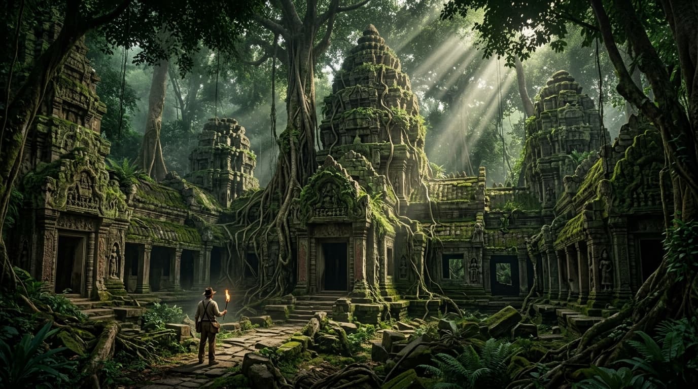 Ancient overgrown temple in a dense jungle, rays of light breaking through the canopy, moss-covered stone ruins, Indiana Jones atmosphere, cinematic wide shot