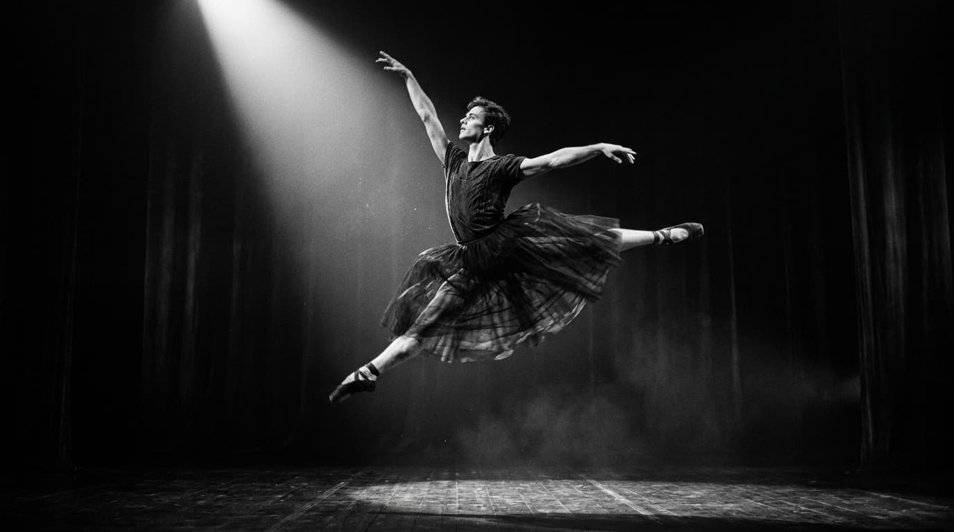 A ballet dancer mid-leap on a dark stage, single spotlight, motion blur on the tutu, dramatic chiaroscuro lighting, fine art photography