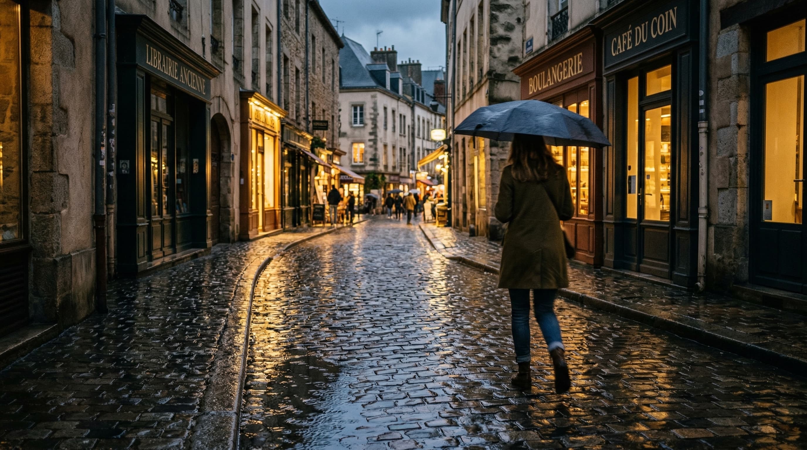 A person walking alone on a rain-soaked European cobblestone street at dusk, holding an umbrella, reflections of warm shop lights on wet pavement, shot on Leica Q2, moody street photography
