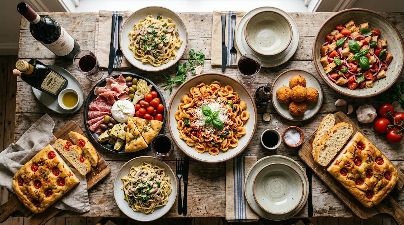 Overhead shot of an elaborate Italian feast on a rustic wooden table, fresh pasta, wine, bread, olive oil, natural daylight, editorial food photography