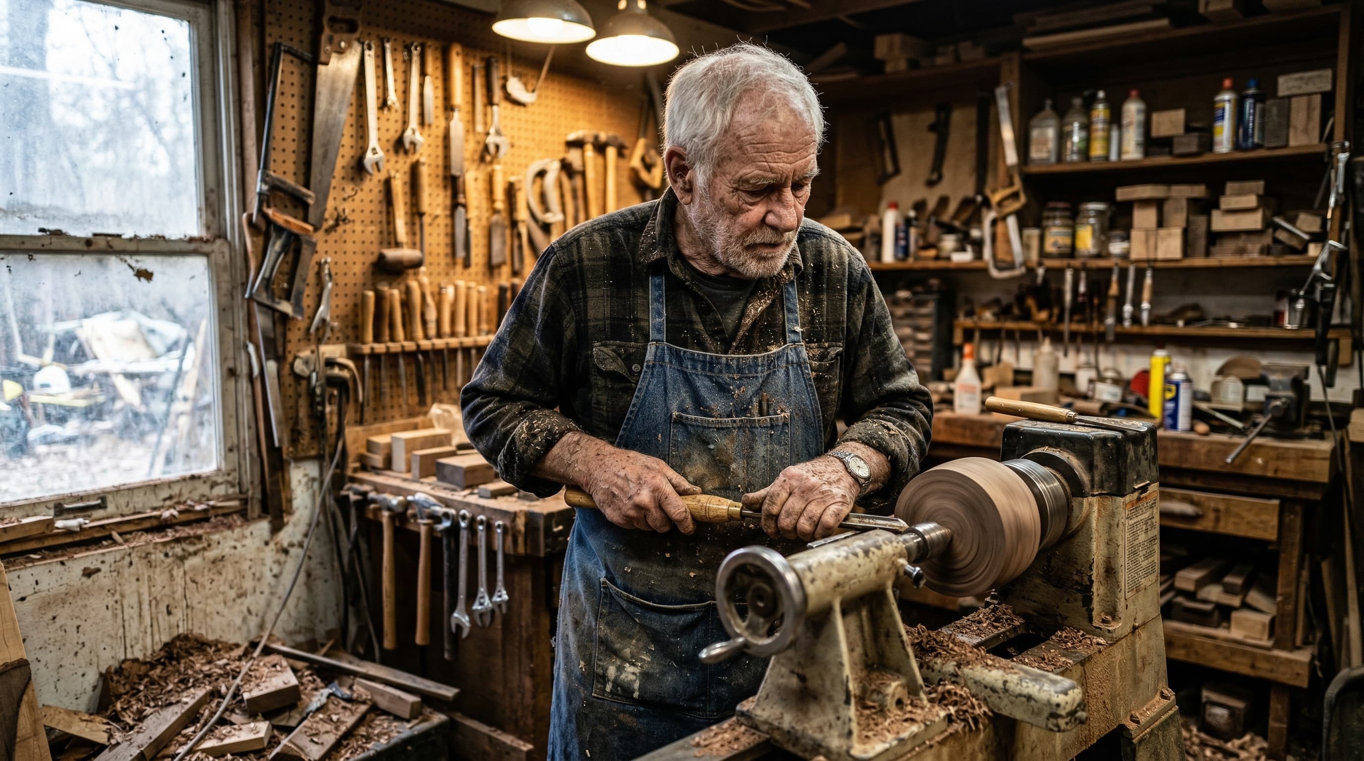 An elderly craftsman working in a cluttered woodworking workshop, hands covered in sawdust, warm tungsten light mixing with daylight from a dirty window, shot on Nikon Z6 with 50mm f/1.4, documentary portrait