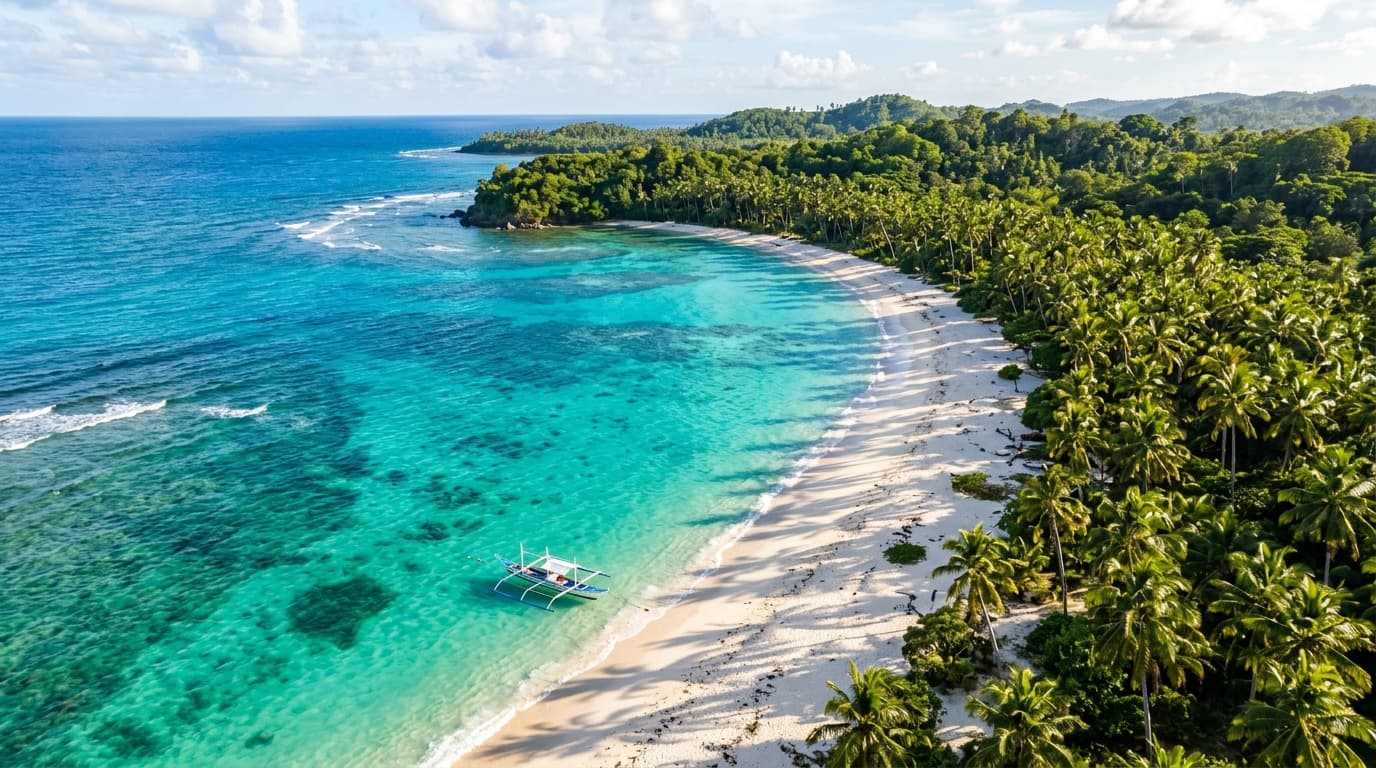 Aerial view of a tropical beach with turquoise water, white sand, palm trees casting long shadows, a small wooden boat, paradise island drone photography